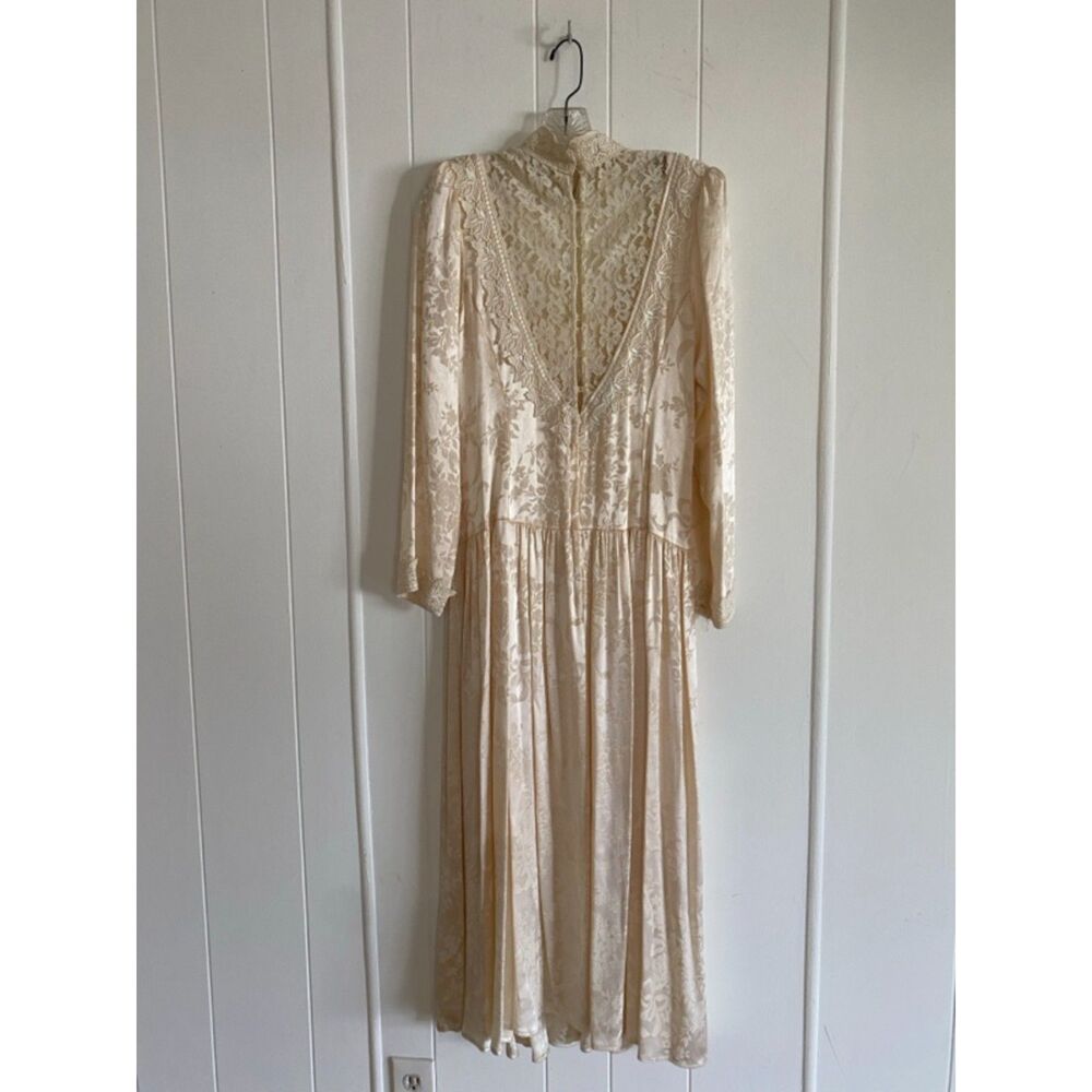 Vintage 80s Jessica McClintock Cream Lace Gown M - Picture 4 of 13